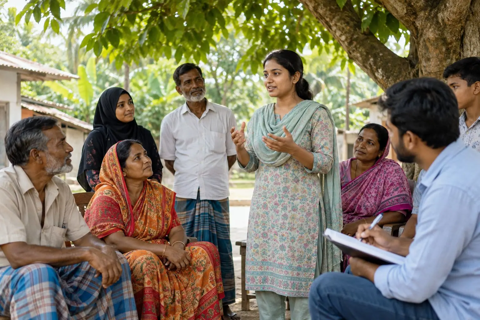 An area leader talks with neighbours under a tree